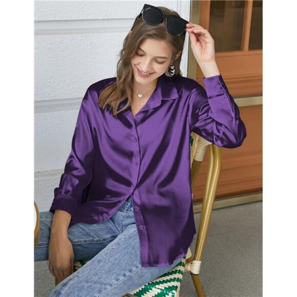 Women's Satin Silk Button-Down Blouse - Picture 2 of 7